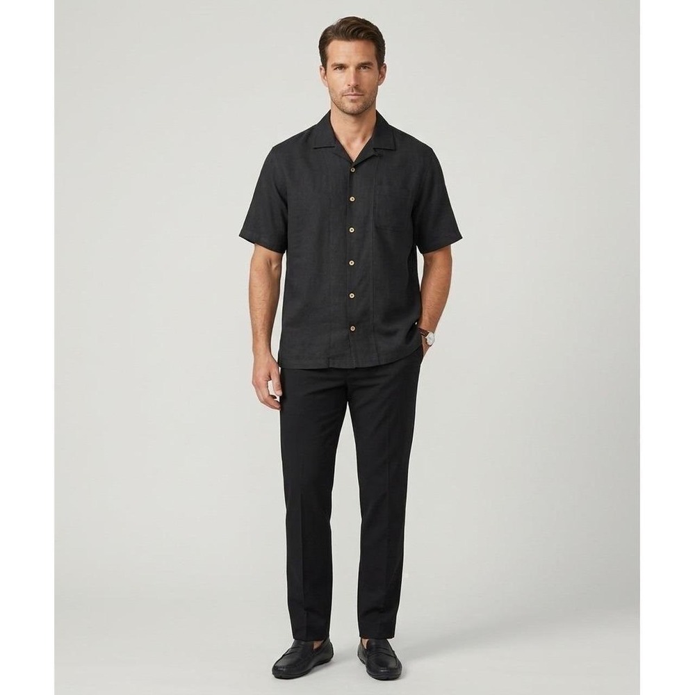 Tommy Bahama Button Down Shirt Mens XL Black Silk Herringbone Short Sleeve Camp